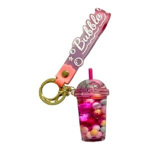 Bubble Tea Drink Keychain – Pink & Pastel Bead Charm with Strap